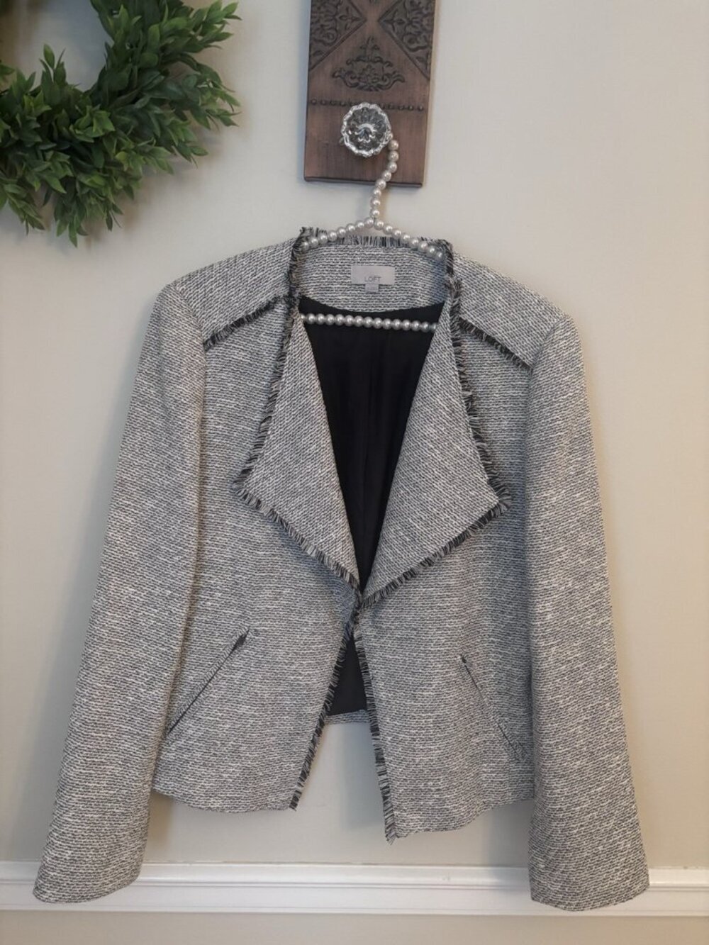 Loft Womens Size 14 Black/White Open Front Tweed Fringe Trim Blazer Jacket